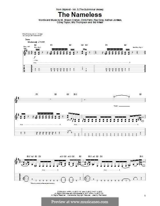 The Nameless (Slipknot): For guitar with tab by Chris Fehn, Corey Taylor, M. Shawn Crahan, Mic Thompson, Nathan Jordison, Paul Gray, Sid Wilson