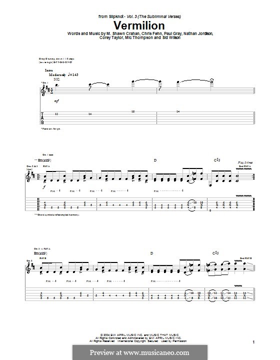 Vermilion (Slipknot): For guitar with tab by Chris Fehn, Corey Taylor, M. Shawn Crahan, Mic Thompson, Nathan Jordison, Paul Gray, Sid Wilson