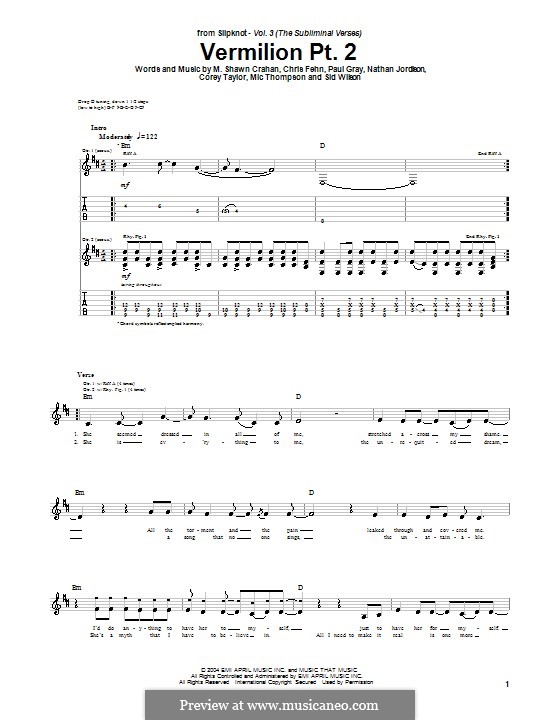 Vermilion (Slipknot): Part II, for guitar with tab by Chris Fehn, Corey Taylor, M. Shawn Crahan, Mic Thompson, Nathan Jordison, Paul Gray, Sid Wilson