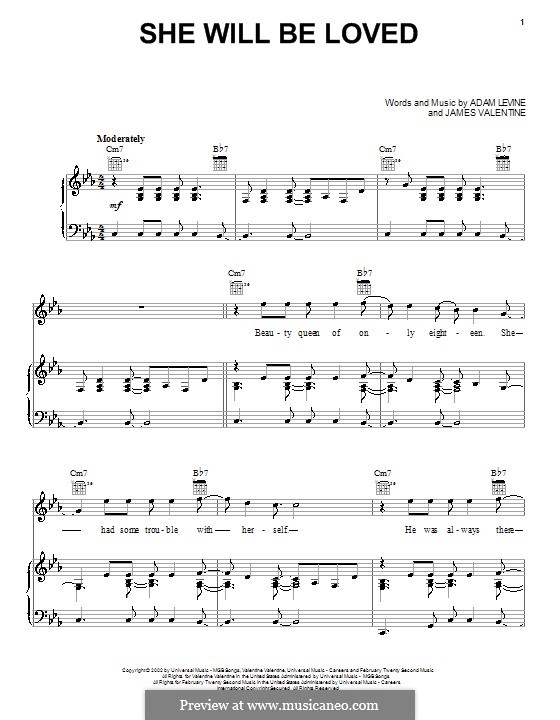 She Will Be Loved (Maroon 5): For voice and piano (or guitar) by Adam Levine, James Valentine