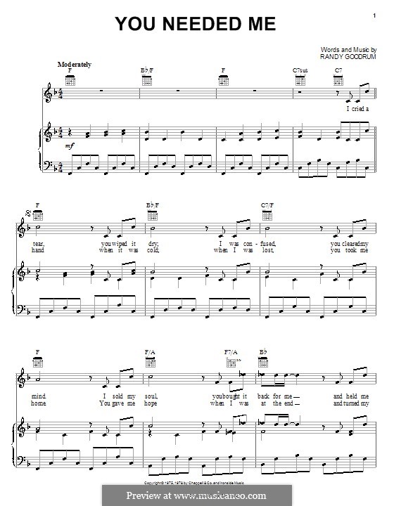 You Needed Me (Anne Murray) by R. Goodrum sheet music on MusicaNeo