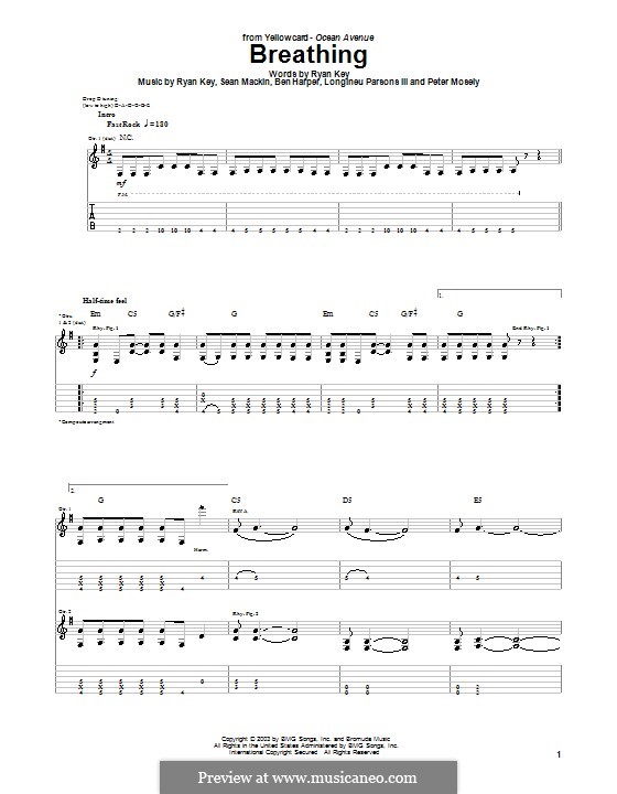 Breathing (Yellowcard): For guitar with tab by Ben Harper, Longineu Parsons III, Peter Mosely, Ryan Key, Sean Mackin