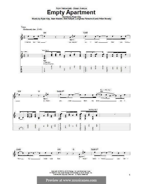 Empty Apartment (Yellowcard): For guitar with tab by Ben Harper, Longineu Parsons III, Peter Mosely, Ryan Key, Sean Mackin