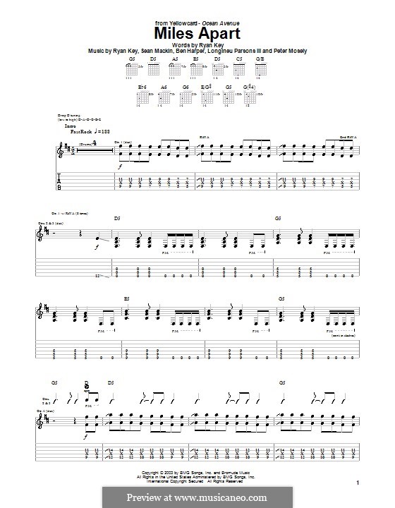 Miles Apart (Yellowcard): For guitar with tab by Ben Harper, Longineu Parsons III, Peter Mosely, Ryan Key, Sean Mackin