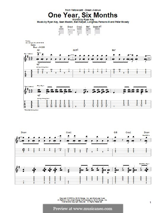 One Year, Six Months (Yellowcard): For guitar with tab by Ben Harper, Longineu Parsons III, Peter Mosely, Ryan Key, Sean Mackin
