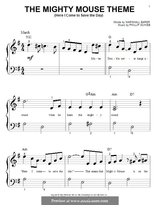 The Mighty Mouse Theme (Here I Come To Save the Day): For piano (very easy version) by Phillip Schieb