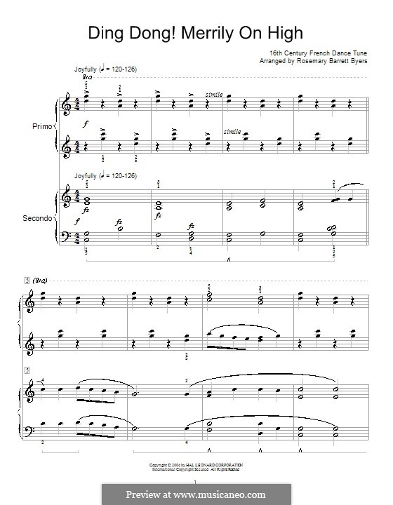Ding Dong! Merrily on High (Printable Scores): For piano four hands by folklore