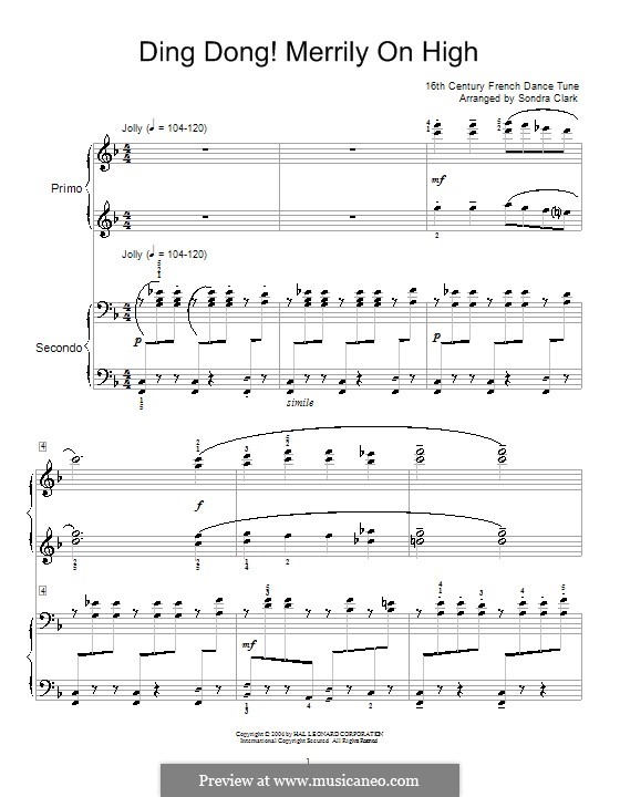 Ding Dong! Merrily on High (Printable Scores): For piano four hands by folklore