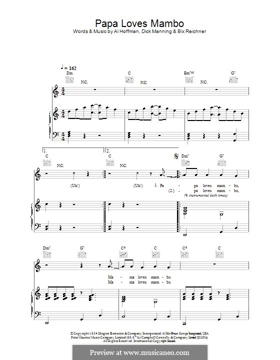 Papa Loves Mambo (from Ocean's Eleven): For voice and piano or guitar (Perry Como) by Al Hoffman, Bix Reichner, Dick Manning