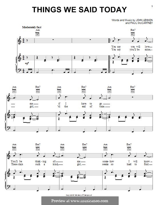 Things We Said Today (The Beatles): For voice and piano (or guitar) by John Lennon, Paul McCartney