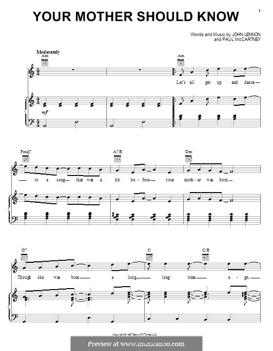 Your Mother Should Know (The Beatles): For voice and piano (or guitar) by John Lennon, Paul McCartney