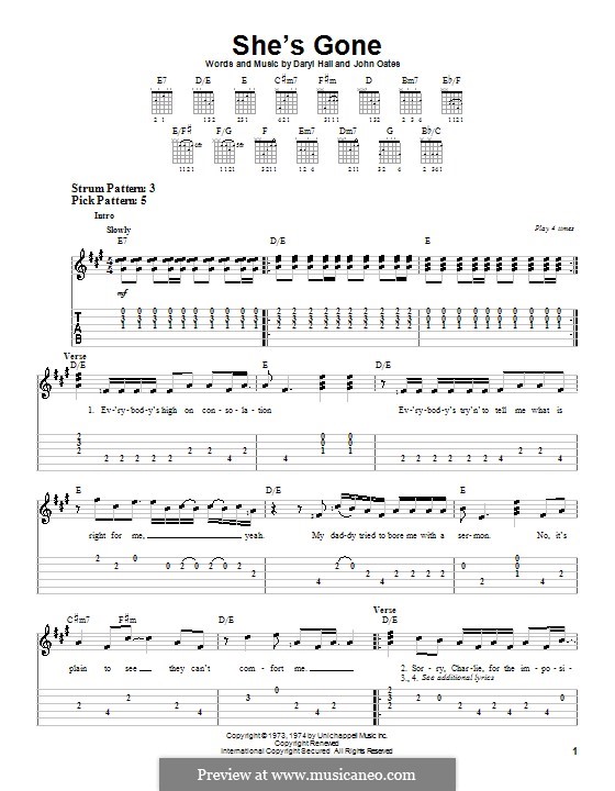She's Gone: For guitar (very easy version) by Daryl Hall, John Oates