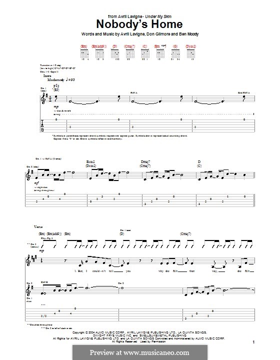 Nobody's Home (Avril Lavigne): For guitar with tab by Ben Moody, Don Gilmore