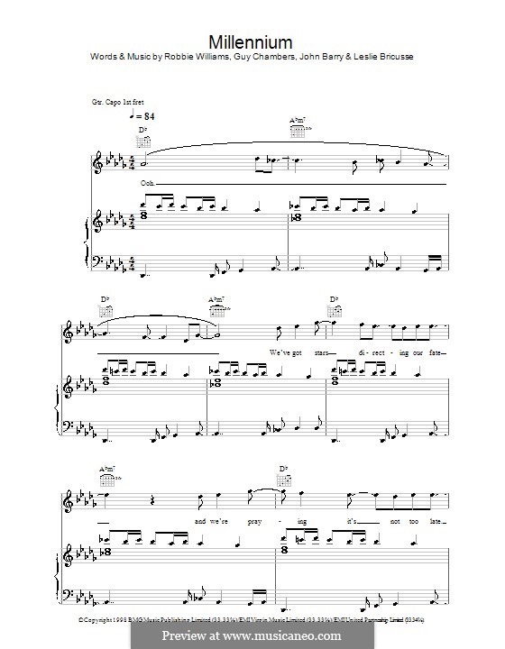 Millennium: For voice and piano (or guitar) by Guy Chambers, John Barry, Leslie Bricusse, Robbie Williams