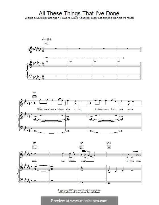 All These Things that I've Done (The Killers): For voice and piano or guitar by Brandon Flowers, Dave Keuning, Mark Stoermer, Ronnie Vannucci