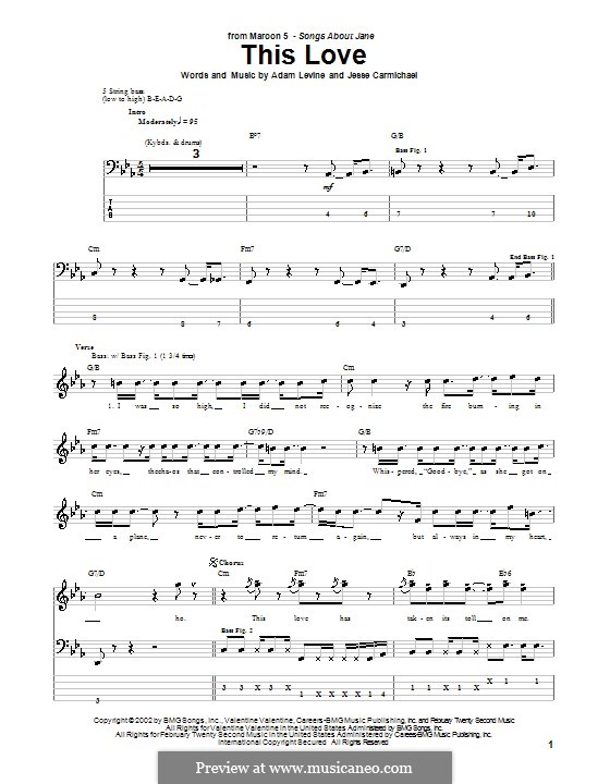 This Love (Maroon 5): For bass guitar with tab by Adam Levine, Jesse Carmichael