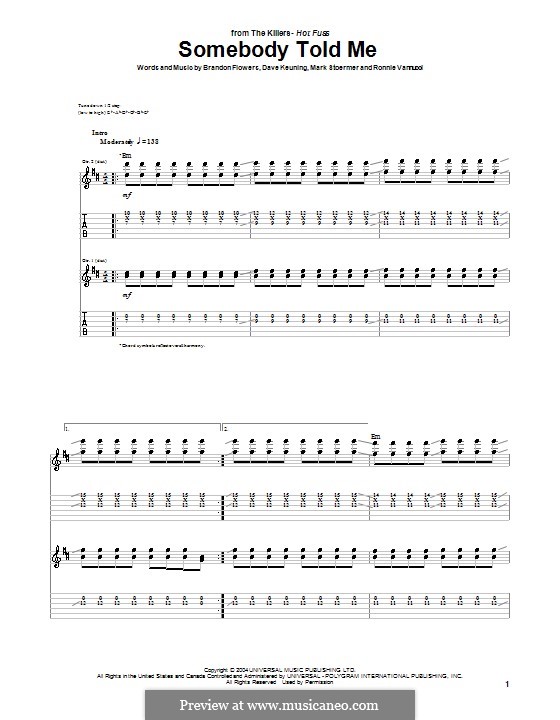 Somebody Told Me (The Killers): For guitar with tabulature by Brandon Flowers, Dave Keuning, Mark Stoermer, Ronnie Vannucci