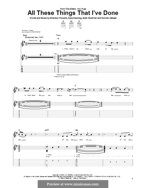 All These Things that I've Done (The Killers): For guitar with tabulature by Brandon Flowers, Dave Keuning, Mark Stoermer, Ronnie Vannucci