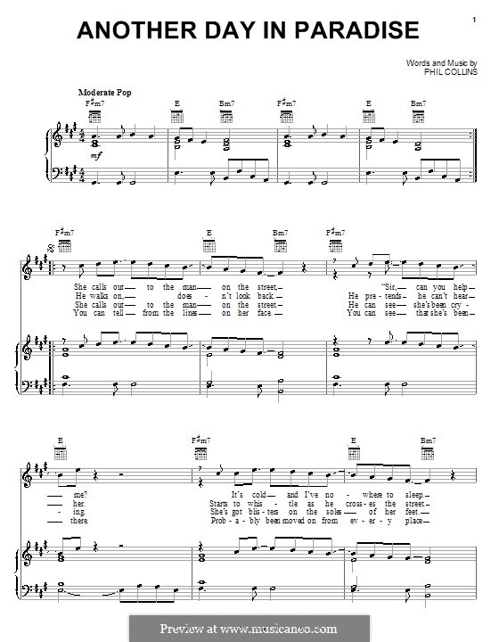 Phil Collins Another Day In Paradise Sheet Music in F# Minor  (transposable) - Download & Print - SKU: MN0065478