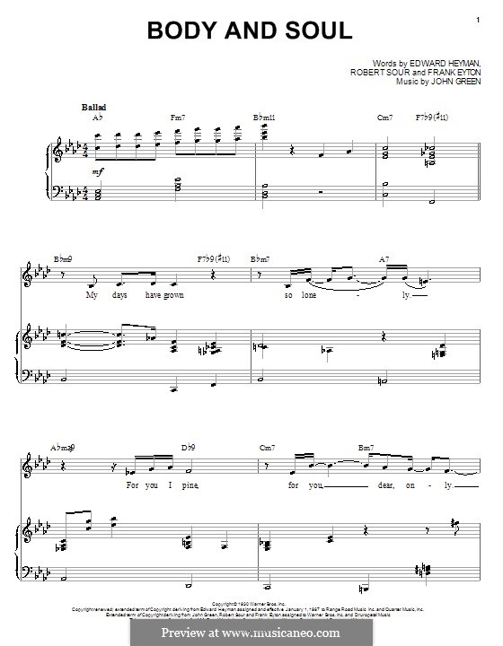 Body and Soul by J.W. Green sheet music on MusicaNeo