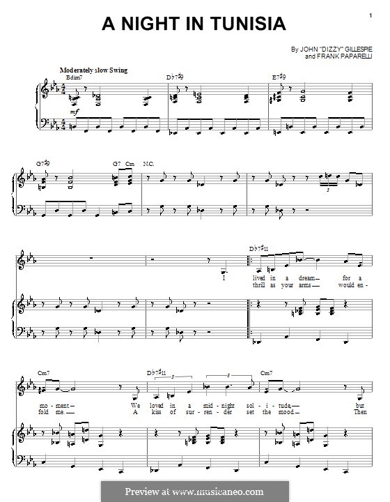 A Night In Tunisia: For voice and piano (or guitar) by Dizzy Gillespie, Frank Paparelli