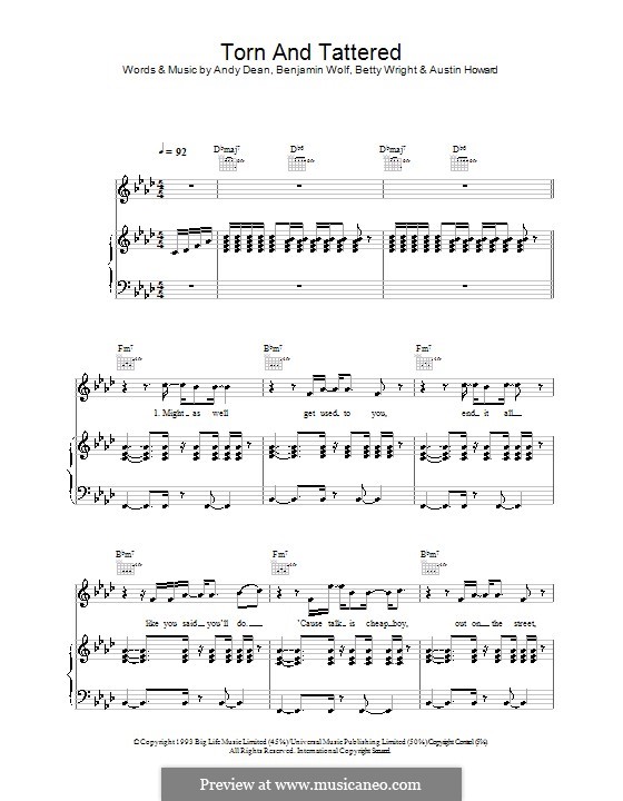 Torn and Tattered (Joss Stone): For voice and piano (or guitar) by Andy Dean, Benjamin Wolf, Betty Wright