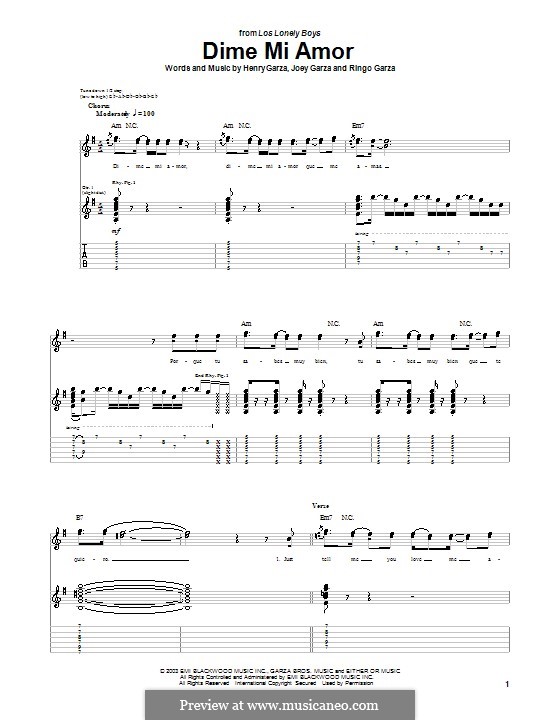 Dime Mi Amor (Los Lonely Boys): For guitar with tab by Henry Garza, Joey Garza, Ringo Garza