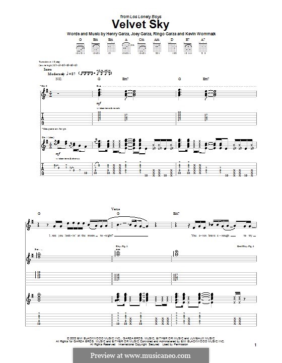 Velvet Sky (Los Lonely Boys): For guitar with tab by Henry Garza, Joey Garza, Kevin Wommack, Ringo Garza