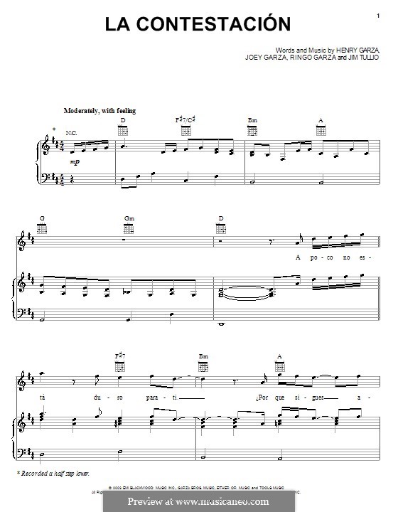 La Contestacion (Los Lonely Boys): For voice and piano (or guitar) by Henry Garza, Jim Tullio, Joey Garza, Ringo Garza