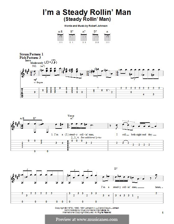 I'm a Steady Rollin' Man (Steady Rollin' Man): For guitar (very easy version) by Robert Leroy Johnson