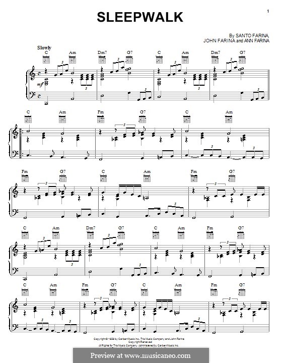 Sleepwalk (Santo & Johnny): For voice and piano (or guitar) by Ann Farina, John Farina, Santo Farina