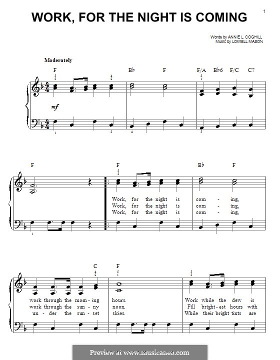 Work, for the Night is Coming: For piano by Lowell Mason