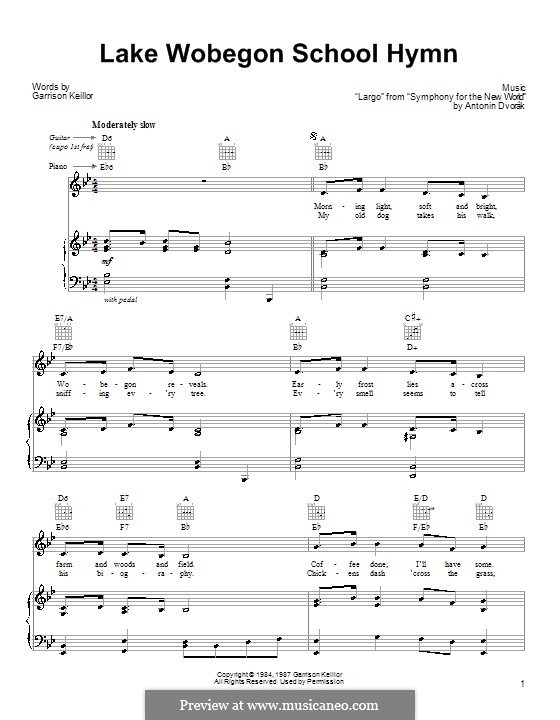 Movement II (Largo) Printable Scores: Theme, for voice and piano (or guitar) by Antonín Dvořák