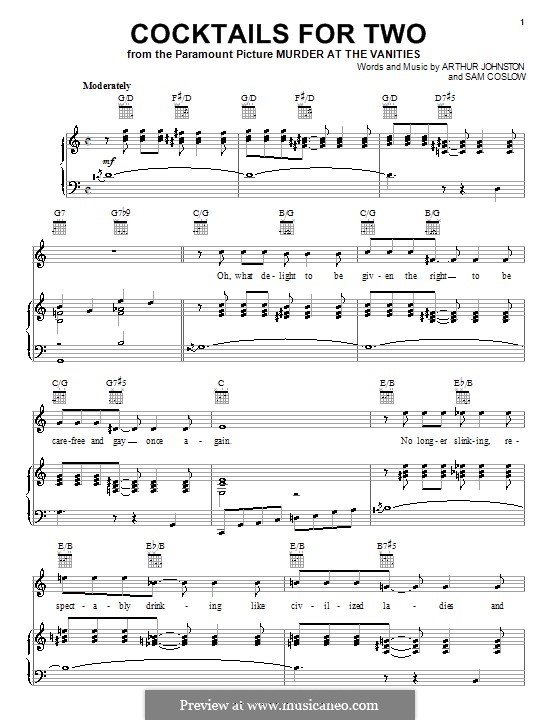 Cocktails for Two: For voice and piano (or guitar) by Sam Coslow, Arthur Johnston