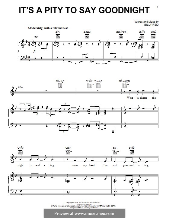 It's a Pity to Say Goodnight (Ella  Fitzgerald): For voice and piano (or guitar) by Billy Reid