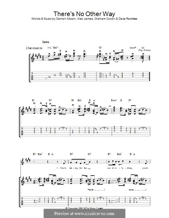 There's No Other Way (Blur): For guitar with tab by Alex James, Damon Albarn, David Rowntree, Graham Coxon
