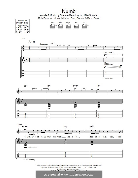 Numb (Linkin Park): For guitar with tab by Brad Delson, Charles Bennington, David Farrell, Joseph Hahn, Mike Shinoda, Rob Bourdon