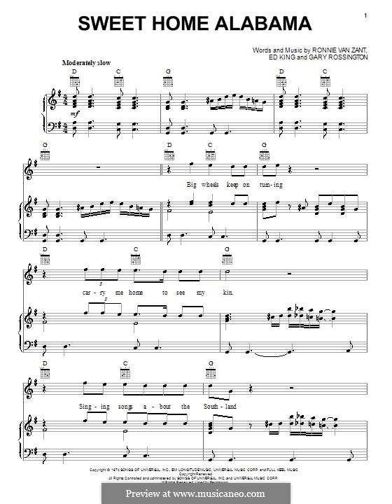 Sweet Home Alabama (Lynyrd Skynyrd): For voice and piano (or guitar) by Ed King, Gary Rossington, Ronnie Van Zant