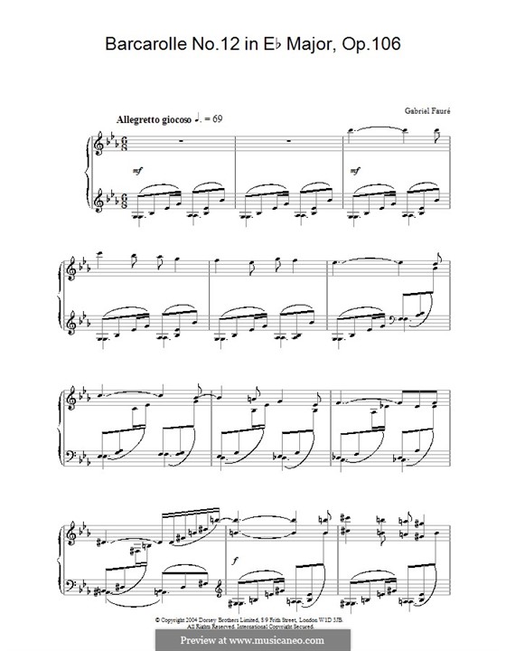 Barcarolle No.12 in E Flat Major, Op.106bis: For piano by Gabriel Fauré