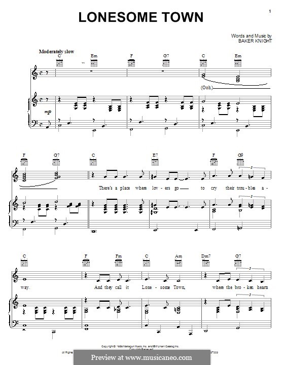 Lonesome Town (Ricky Nelson): For voice and piano (or guitar) by Baker Knight