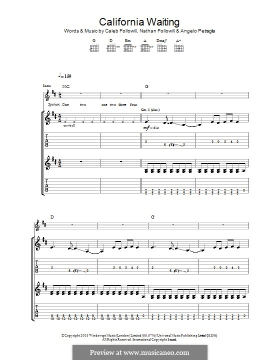 California Waiting (Kings of Leon): For guitar with tab by Angelo, Anthony Caleb Followill, Nathan Followill