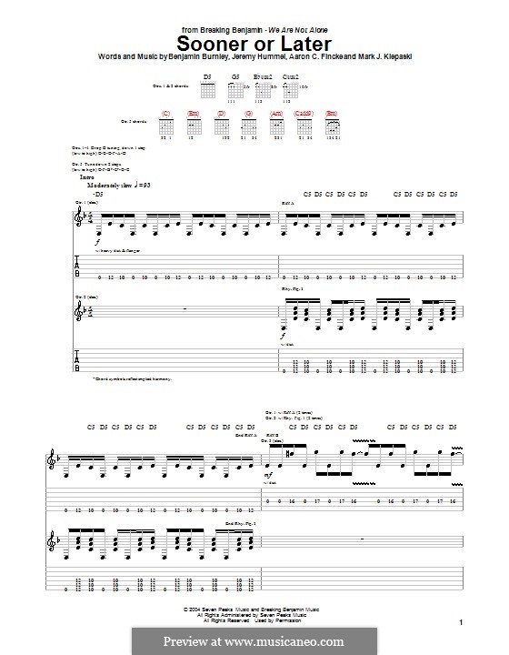 Sooner or Later (Breaking Benjamin): For guitar with tab by Aaron C. Fincke, Benjamin Burnley, Jeremy Hummel, Mark J. Klepaski