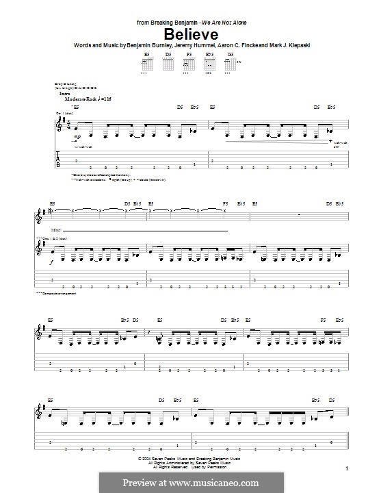 Believe (Breaking Benjamin): For guitar with tab by Aaron C. Fincke, Benjamin Burnley, Jeremy Hummel, Mark J. Klepaski