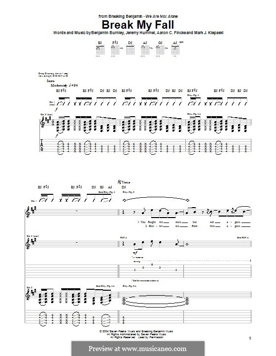 Break My Fall (Breaking Benjamin): For guitar with tab by Aaron C. Fincke, Benjamin Burnley, Jeremy Hummel, Mark J. Klepaski