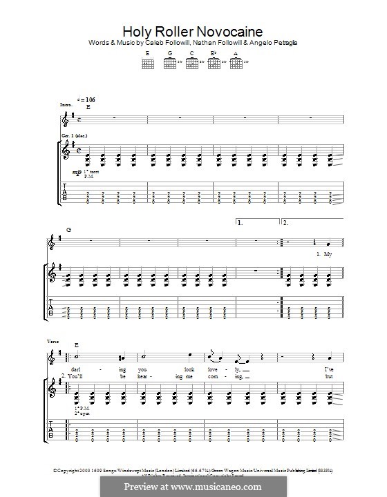 Holy Roller Novocaine (Kings of Leon): For guitar with tab by Angelo, Anthony Caleb Followill, Nathan Followill