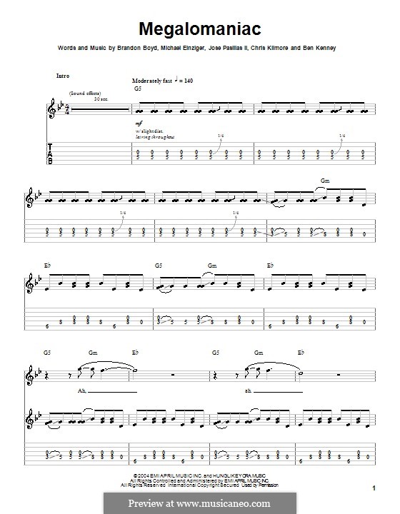 Megalomaniac (Incubus): For guitar (very easy version) by Ben Kenney, Brandon Boyd, Chris Kilmore, Jose Pasillas II, Michael Einziger