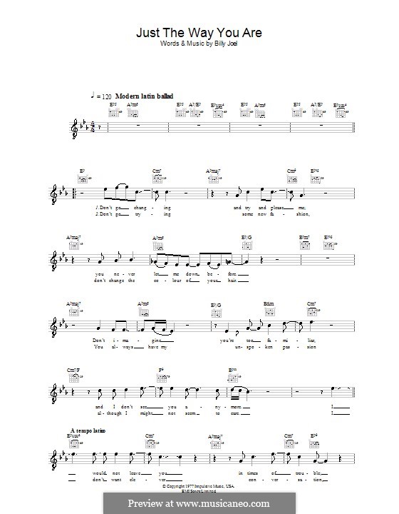 Just The Way You Are: Melody line, lyrics and chords (Diana Krall) by Billy Joel
