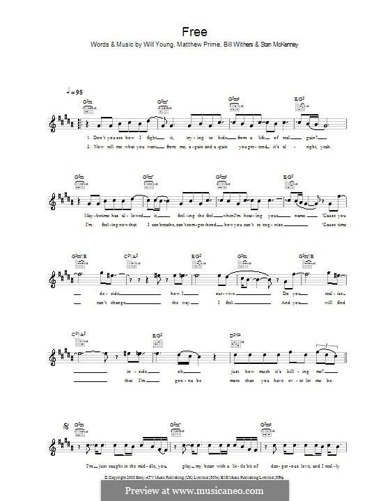 Free (Will Young): Melody line, lyrics and chords by Bill Withers, Matthew Prime
