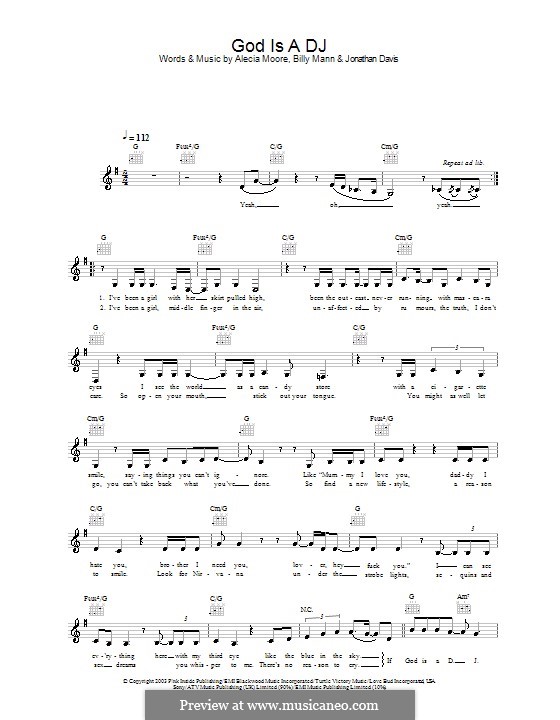 God Is a DJ (Pink): Melody line, lyrics and chords by Alecia Moore, Billy Mann, Jonathan Davis