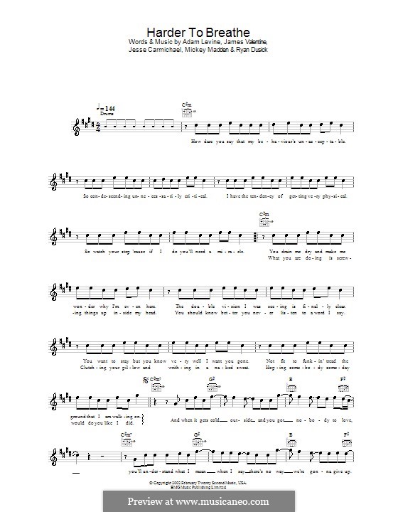 Harder to Breathe (Maroon 5): Melody line, lyrics and chords by Adam Levine, James Valentine, Jesse Carmichael, Mickey Madden, Ryan Dusick